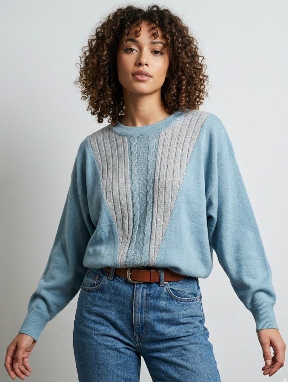 80s Dolman Sleeve Blue and Gray Pullover Wool Blend Sweater Made in Italy | M/L